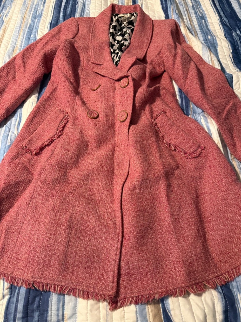 CAbi Coral-Pink Double-Breasted Tweed Pea Coat - Picture 3 of 5
